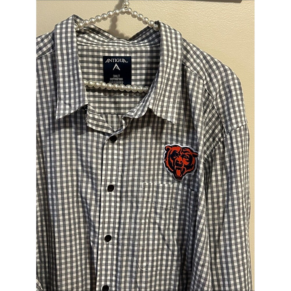 Antigua Chicago Bears Gingham Button Down Shirt 3XLT Big & Tall Gray Plaid